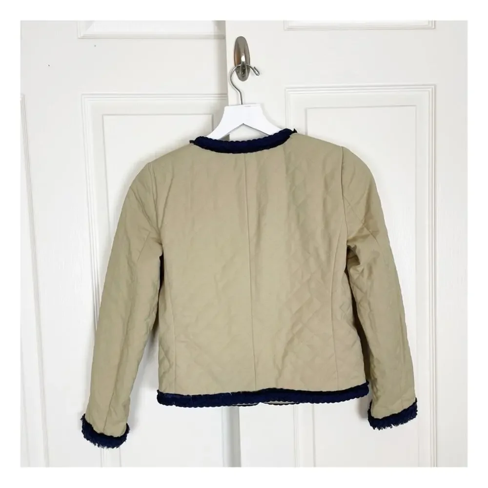 J.Crew Quilted Crop Lady Jacket Tan Braided Fringe Trim Blazer Sz 00